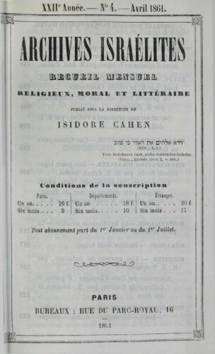 Archives israélites de France. Vol.22 N°04 (aril 1861)